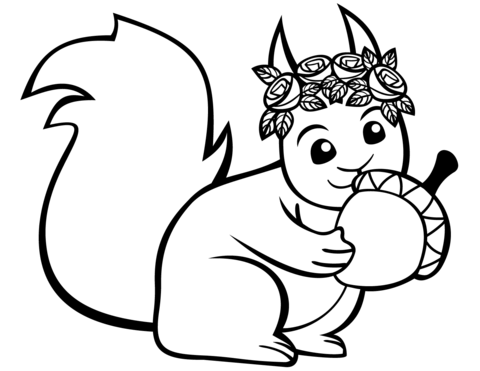 Cute Squirrel With An Acorn Coloring Page